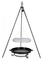 Dreibein Grill OSKAR Höhe 210cm + Grillrost aus Edelstahl Durchmesser 70cm + Feuerschale Pan32 Durchmesser 80cm