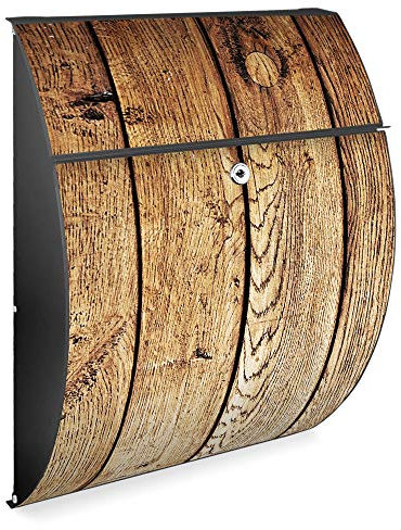banjado Design Briefkasten - Modell Riviera 46x33,5x13cm groß - verzinkter Stahl anthrazit - Postkasten Öffnungsstopp großer A4 Einwurf Zylinderschloss 2 Schlüssel - Motiv Geöltes Holz