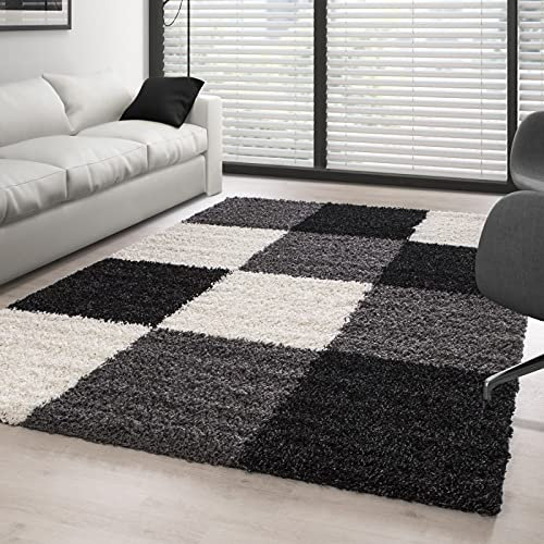 Ayyildiz Teppich Tapis à Poils Longs pour Salon ou Salon - Motif à Carreaux - Noir/Blanc/Gris - 160 x 230 cm