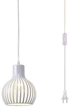 riomasee Industrial Plug in Pendant Lighting Metal Wire Cage Hanging Light Fixture with 14.27 Ft Hanging Cord and On/Off Switch (White)