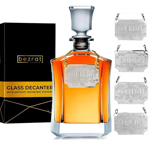 Whiskey Decanter With Label Tag - Bottle Metal Name Tags - Glass Airtight Stopper for Wine, Bourbon, Brandy, Juice, Water - Decanter Sets For Men Christmas Gifts for Dad Boyfriend Husband Him - 24 oz