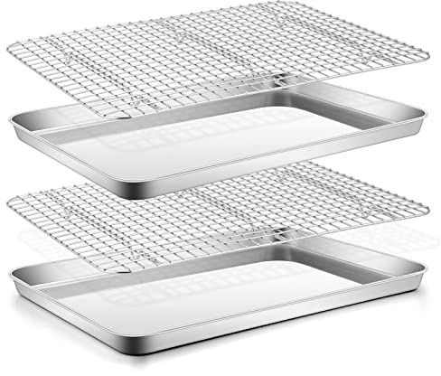Stainless Steel Baking Sheet with Rack Set, E-far 16”x12” Cookie Sheet Pan for Oven, Rimmed Metal Tray with Wire Cooling Rack for Cooking Roasting Resting Bacon Meat Steak - Dishwasher Safe