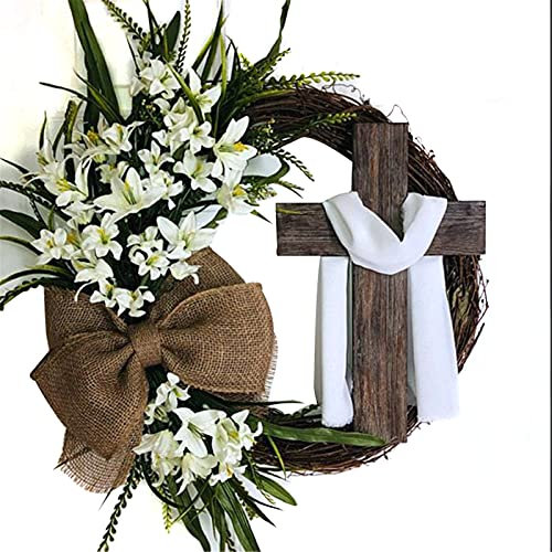 Valink Osterkranz Dekor für Haustür, Osterkranz mit Kreuz Sackleinen Schleife Rustikale Weinrebe Kranz Frühling Dekorieren DIY Osterkranz
