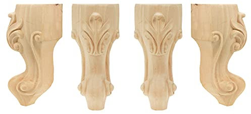 FarBoat 6 Height Unfinished Solid Wood Furniture Legs Replacement for Sofa, Couch, Chair, Coffee Table, Cabinet - Carved Wood Feet Set of 4