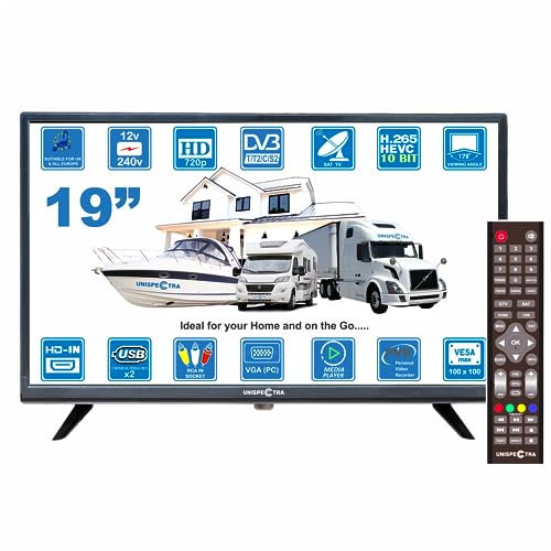 Unispectra ® Televisión LED de 19 Pulgadas 230v (voltio) 12v TV DVB-T2 & Sat Tuner, USB. Pequeño televisor de 12V para autocaravanas, televisores de caravanas, campings, Camiones, Furgonetas, Barcos,