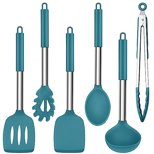 Herogo 6 Piece Kitchen Utensil Set for Non-Stick Cookware Pan Cooking, Blue | Heat Resistant Stainless Steel Handle Cooking Tools, for Nonstick Cookware Pans, Include Spatula Turner Spoon, Easy to Clean