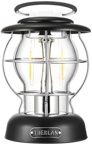 Therlan camping, Retro Laterne (320LM, IP44, 5000mAh, bis zu 180h) 3 Helligkeiten Leuchtmodi, Stufenlos Dimmbar Akku Aufladbar Licht Outdoor LED Lampe