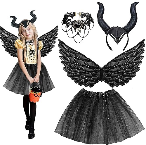 Leonshco 4 Stück Maleficent Kinder Königin Hörner Kostüm Set Böse Königin Hörner Haarreif Schwarz Böse Fee Costume mit Halsket Maleficent Flügel für Karneval Halloween Maskerade Cosplay