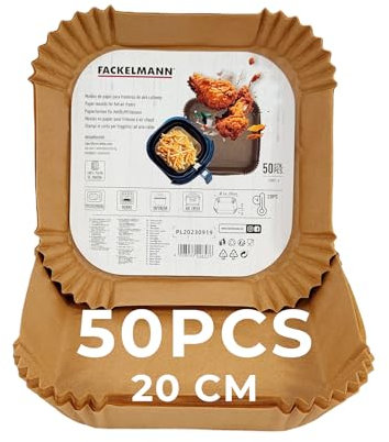 Fackelmann 42857 Moule en papier pour air fryer, moule air fryer, Moule pour friteuse à air chaud, Moule pour friteuse sans huile, papier air fryer, 50 pièces, carré, antiadhésif, Papier, 20 x 20 cm