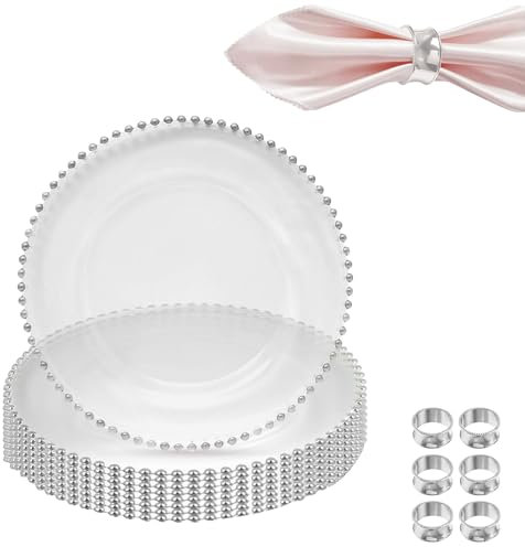 WedDecor 13 Inch Silver Beads Glass Charger Plates Set of 6 with Hammered Design Napkin Rings – Elegant Servingware for Weddings, Parties, and Table Decoration