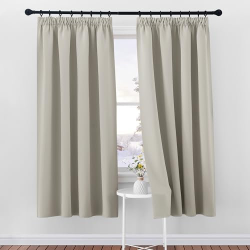 PONY DANCE Kurze Vorhänge mit Kräuselband 2er Set H 175 x B 140 cm Verdunklungsvorhänge für Schienen Wohnzimmer Gardinen Thermal Blackout Curtains for Bedroom, Natur