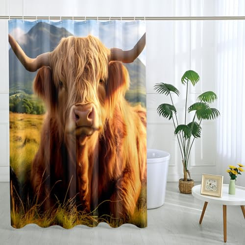 Cow Shower Curtain with 12 Hooks Aesthetic Animal Prairie Sunset Mountain Nature Brown Polyester Room Ornaments Waterproof Decorative Bathroom Hotel Bathtub Outdoor Short Shower Curtain 62x72 Inch