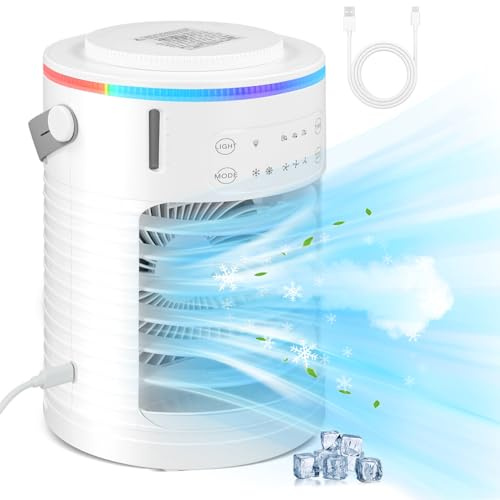 5-in-1 Mini Luftkühler Tragbare, Mobile Klimaanlage Leise, Luftkühler mit 3 Geschwindigkeiten, 2 Nebelmodi, Kleiner Klimaanlagenventilator für Schlafzimmer, Büro, Camping