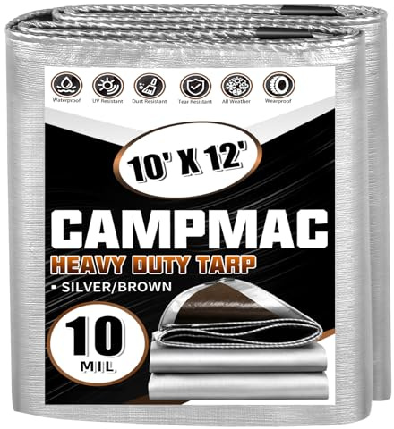CAMPMAC Tarps Heavy Duty Waterproof 10x12 Ft, 10 Mil Thick, High Durability, Rip, UV Resistant and Tear Resistant with Metal Gromets Every 20 Inches (Silver/Brown - Reversible)
