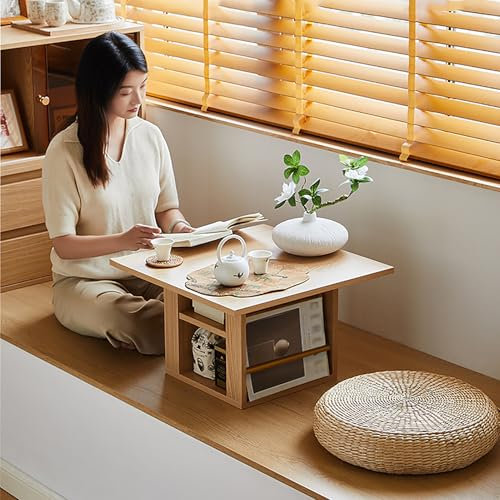 Fslvmin 3-stufiger Quadratischer Couchtisch, Japanischer Tatami-teetisch, Meditationsaltartisch mit Ablage, Beistelltisch Aus Holz für Wohnzimmer, Schlafzimmer, Balkon