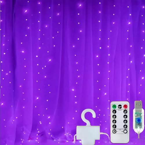 Clearhill 3 tiras de 3 luces de cortina, 300 LED, morado, 8 modos de luces colgantes con control remoto y temporizador, funciona con USB, impermeable para decoraciones de interiores y exteriores