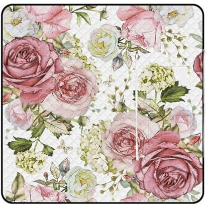 SEEKJOYS Picknickdecke mit rosa Blumen und grünen Blättern, faltbar, wasserdicht, für den Außenbereich, 150 x 150 cm, Picknick-Sandmatte für Strand, Camping, Wandern, Park, Terrasse