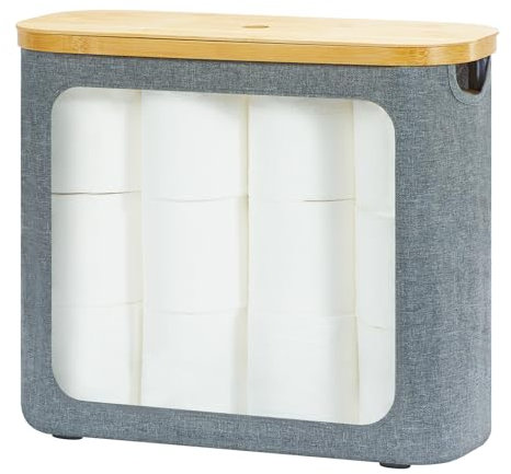 ROSOS Toilet Roll Storage, Toilet Paper Storage with Lid for 12 Rolls, Toilet Roll Basket for Bathroom, Free Standing Toilet Paper Holder with Storage, Toilet Roll Storage Box, Grey