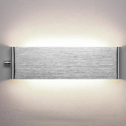 Wandleuchte Innen Dimmbar LED Wandlampe mit Dimmer Schalter Einstellbare Helligkeiten Wandbeleuchtung Moderne Up und Down Leuchten für Wohnzimmer Schlafzimmer Flur (Silber Weißes Licht,31CM 16W)