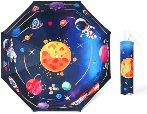 decalsweet Ombrello Pieghevoli Antivento Bambino, Ombrello Automatico da Sole con Strisce Riflettenti, Ombrello Piccolo Portatile Resistenti da Viaggio per Ragazzo e Ragazza, Pianeta Spaziale