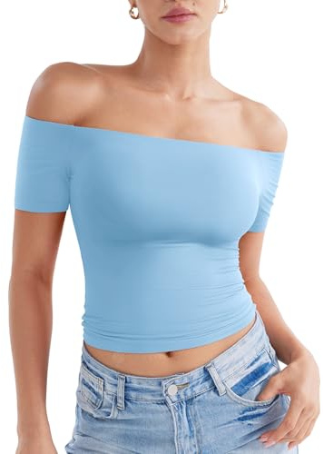 ZAAYO Axelfri gym topp dam Y2K sommar crop top dubbel fodrad basic sport t-shirt, Ljusblå, L