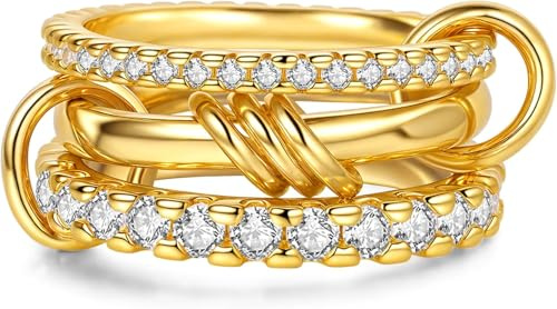 VCCKNB JEWELRY Mehrgliedriger Ring, Ewigkeits-Statement-Ring, klobiger Gold-Verbinderring, ineinandergreifender Dreifaltigkeits-Gliederring mit CZ-Zirkonia-Set