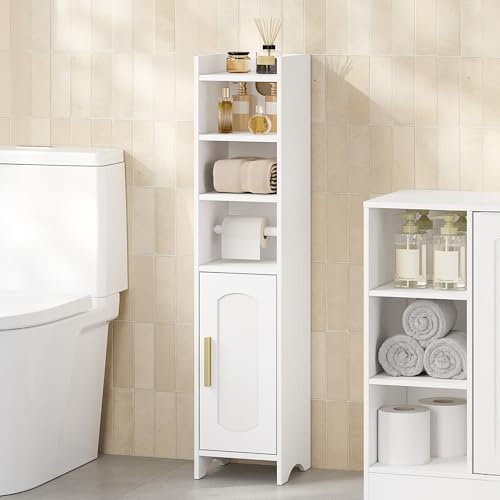 HEXCELEN Badezimmerschrank, Toilettenrollenhalter 20 x 20 x 90 cm | oilettenschrank mit Türen, Badschrank, Schmaler Badregal, Verstellbare Ablagen, Moderner, für Badezimmer, Wohnzimmer, Weiß