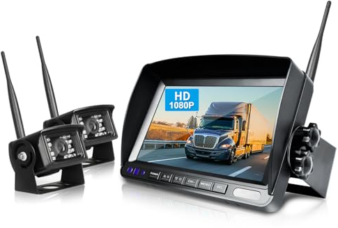 eRapta 1080P FHD Digital Wireless Reversing Camera Kit: 7inch HD LCD Monitor+ Dual Cameras,IP69 Waterproof Rear View Camera No Interference Record, Night Vision, for RV/Truck/Trailer/Van/Bus