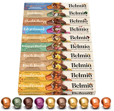 Belmio Capsules Nespresso Compatibles, Pack Toutes les saveurs, Capsules de café moyennement torréfiées, Intensité 6 et 7, Qualité belge authentique, 8 variantes de saveurs, 100 unités.