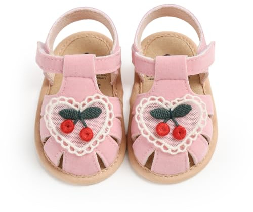 Ohwawadi Baby Girl Sandals Summer Embroidered Little Cherry Dress Flats Shoes Soft Sole Closed Toe Beach Casual Sandal Infant Newborn Crib Shoe