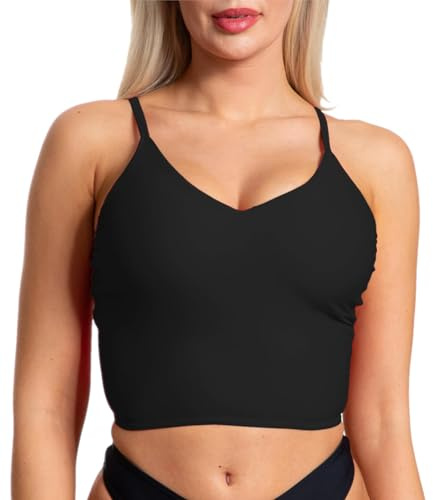 Aquarti Damen Bikini Top Oberteil Bustier Padded Spaghettiträger V-Ausschnitt Swimsuit Yoga Fitness, Farbe: Schwarz, Größe: 42