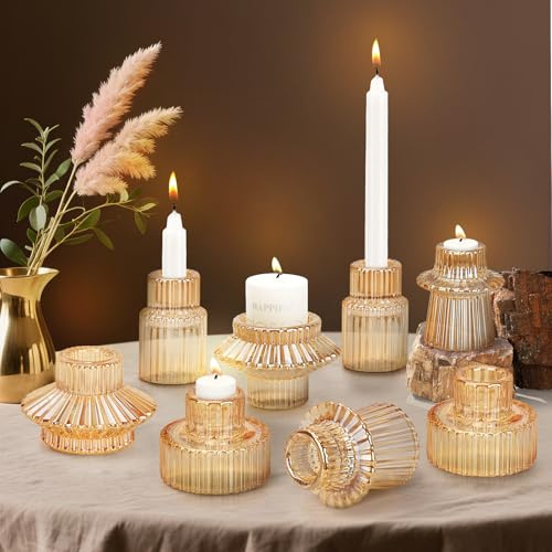 Jubor Candelabro de Vidrio, 8 Piezas Portavelas de Cristal con Diseño Rayas Verticales, Candelabros Cónico para Bodas, Navidad, Fiesta, Decoración de Mesa | Portavelas cónico para Navidad, boda, festival, cena, decoración de mesa