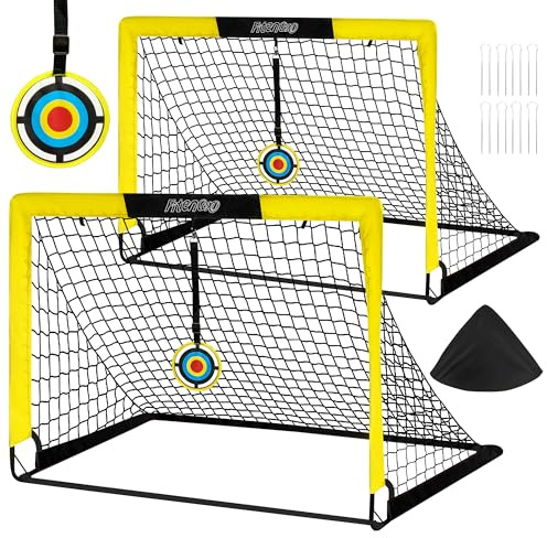 Fitencexu Fotbollsmål för barn, set om 2 – Pop up fotbollsmål för trädgård, utomhus och resor – Vikbart mål med bärväska, 2 Bullseye och 8 U-formade markpinnar – Fotbollsträningstillbehör (Gul)