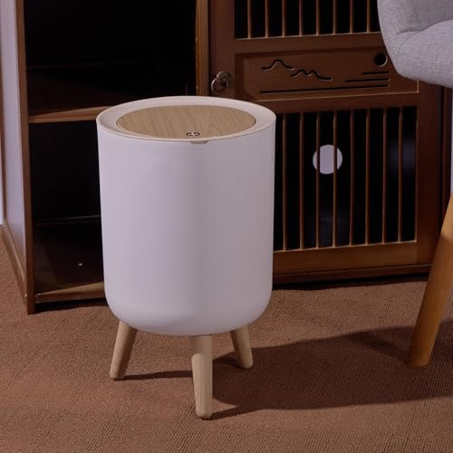 JETAINE Mini Trash Bin with Lid, 9 Liter Garbage Bin, Tall Round Trash Can, Modern White Waste Bin with Wooden Legs, Plastic Rubbish for Kitchen, Bathroom, Bedroom, Living Room, Office, Dog Proof