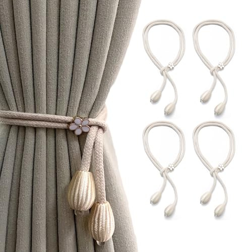 4 Stück Beige Vorhang Raffhalter für Gardinen Raffhalter,Verstellbare Gardinenband,Gardinenhalter Wand,Curtain Tiebacks,Boho Vorhang Halter,Vorhangklammern für Kinderzimmer Büro Schlafzimmer,100 cm