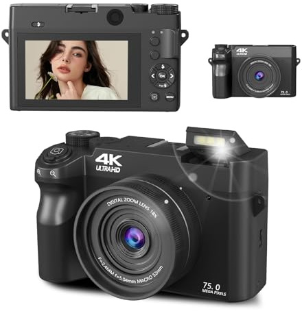 Digital Camera,Digital Camera 75mp,18X Digital Zoom Compact Camera with 3 Inch LCD Screen, Front and Rear Dual Cameras (Black)