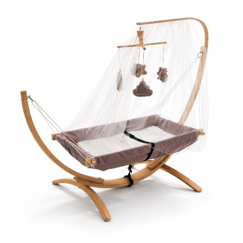 Kinder-Hängematte mit Holzgestell – Ergonomische 66×150 cm Hängeliege für Kinder 3–5 Jahre I Sanftes Schaukelgefühl, Atmungsaktiver Stoff & Leicht Tragbar I Modernes Design in Grau