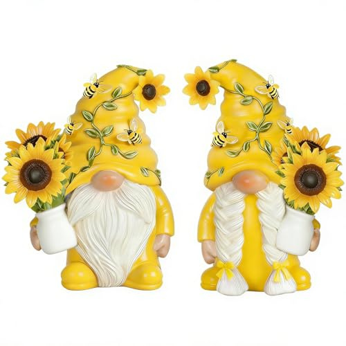 Eousera 2PCS Yellow Sunflower Bee Gnome Figurines, Resin Summer Statues Decor Indoor Home Office Kitchen Decorations, Gifts for Women Men Birthday Mother's Father's Day