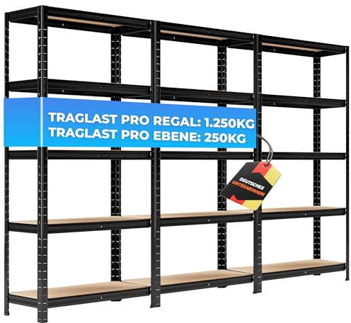 ALL Premium Schwerlastregal 3er-Set 150x75x30 cm Schwarz - 1250kg Traglast – Regal 30cm tief & schwerlastregal 30 cm tief, Regal 150cm hoch ideal für Keller & Lager