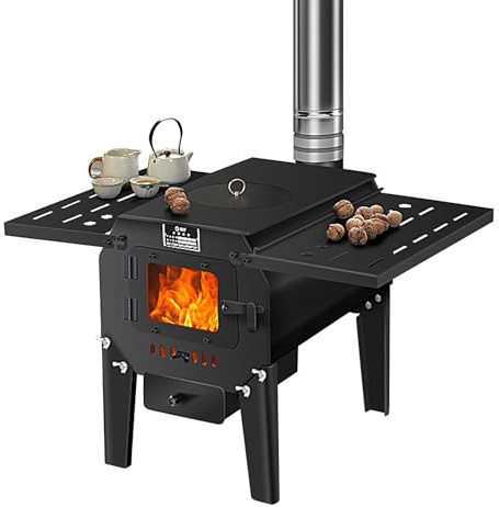 Stufa da Esterno, Stufa a Legna Ventilata Vetro Panoramico, per Riscaldamento Interno/esterno, Campeggio, Cucina, Pesca Sul Ghiaccio, Caccia(50cm/20in)
