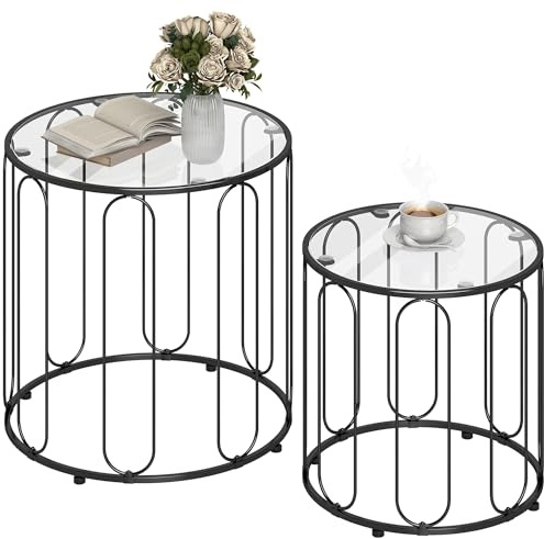 HOMCOM Round Coffee Table Set of 2 Glass Nest of Tables Black