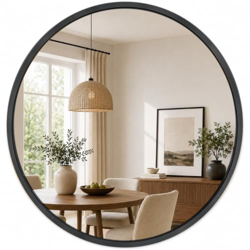 edihome, Espejo Redondo de Pared, Negro 60 cm - Marco de Metal, Decorativo y Colgante, para Baño, Entrada, Recibidor, Pasillo, Dormitorio y Salón