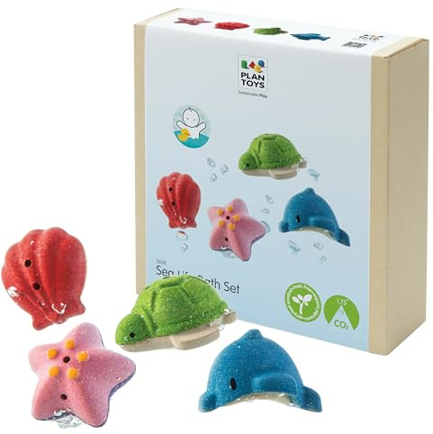 PlanToys® Meerestiere Badespielzeug Holz – Badewannenspielzeug für Babys | Badespielzeug aus 100% Holz ab 6 Monaten: Muschel, Seestern, Schildkröte & Delfin. Für fantasievollen Badespaß & Wasserspiel