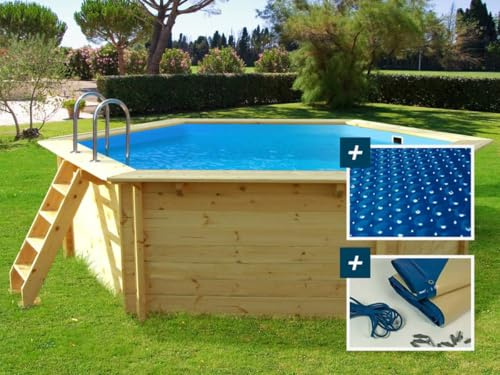 Piscina de Madera Hawai - 4,10 x 1,20 m + Cubierta con Burbujas 180 + Cubierta de Invierno 280 gr/m²