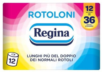 Rotoloni Regina - 12 Maxi Rotoli di Carta Igienica, 500 Fogli a 2 Veli, Lunghi Più del Doppio dei Normali Rotoli, Confezione 60% in Plastica Riciclata, Carta 100% Certificata FSC