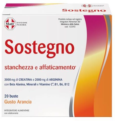 Matt, Sostegno, Integratore Alimentare a Base di Arginina e Creatina, Utile per Ridurre la Stanchezza, Contribuisce alla Normale Funzione del Sistema Immunitario, Confezione da 20 Buste, 160g