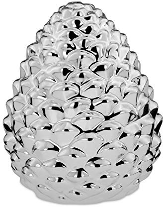 H.Bauer jun. Pinienzapfen Deko 15 cm - silberfarbene Porzellandeko mittelgroß, galvanisiert & glänzend poliert ohne Fuß, edle Herbst- & Winterdekoration für Tisch, Regal & Fensterbank, Geschenkidee