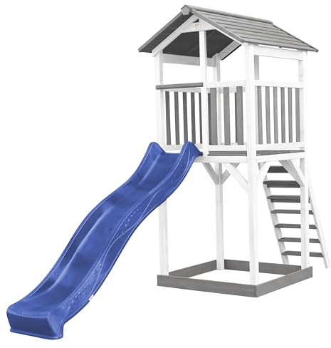 AXI Beach Tower Wooden Play Tower in Grey & White | Play tower with sandpit and blue slide | Play house on stilts for the garden