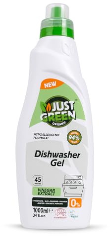 Just Green Organic Dishwasher Gel, Hypoallergenic Formula with Vinegar Extract, 1000ml, 45 Washes