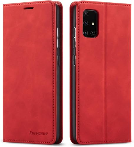 EYZUTAK Hülle für Samsung Galaxy A51 4G Case, Magnetverschluss Premium PU Leder Flip Case mit Kartenfächern Brieftasche Standfuntion stoßfeste Silikonhülle Retro Ledertasche - Rot